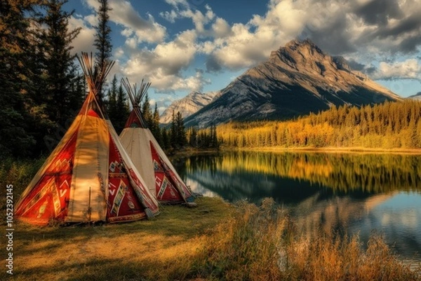 Fototapeta Tipis in Morley, Alberta, Canada with Rocky Mountain Bow Background
