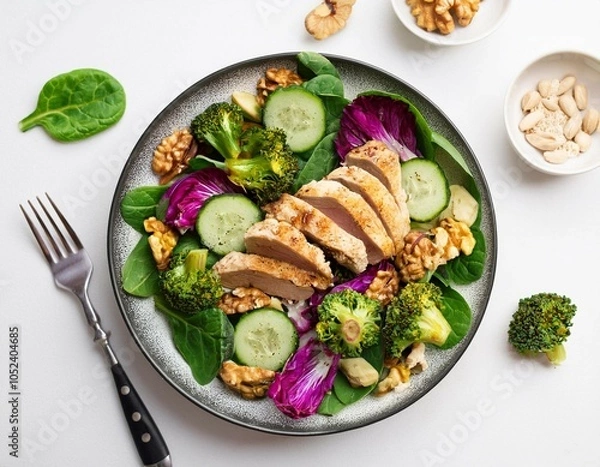 Fototapeta healthy diet salad with baked purple cauliflower and broccoli chicken meat cucumbers onion radicchio spinach and walnuts white background top view