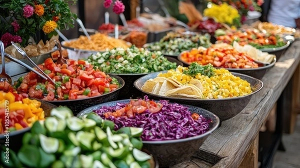 Fototapeta Colorful Taco Bar Setup with Fresh Fillings and Salsas