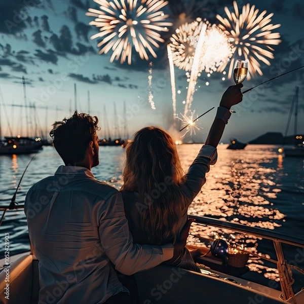 Obraz Couple in yacht celebrating with fireworks on water, festive new year s eve boat party, New year s eve, Happy New year 
