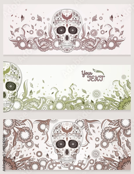 Obraz Banners of Dia de Muertos sugar skull with ornate on an abstract floral ornamental background. Day of The Dead
