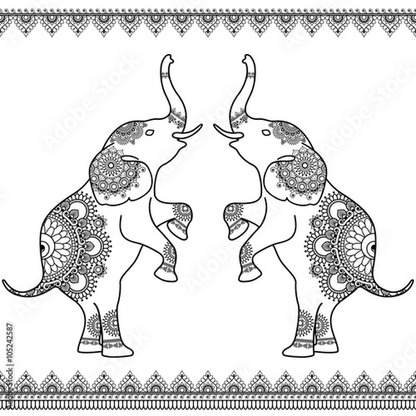 Fototapeta Two elephants standing up with seamless line lace borders in ethnic mehndi Indian henna style.