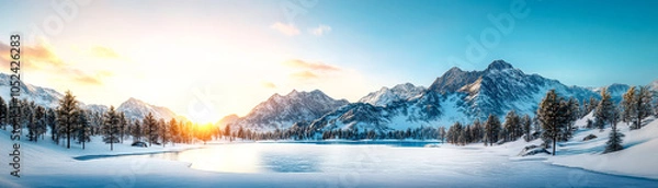 Fototapeta A stunning winter landscape featuring snow-covered mountains, a frozen lake, and a vibrant sunrise illuminating the serene environment.