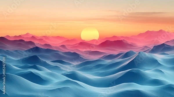 Fototapeta Abstract Sunset Landscape with Wavy Mountains and a Bright Sun