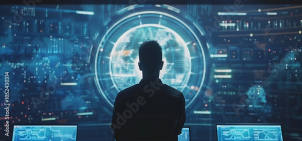 Fototapeta A man in front of the screen is silhouetted against an array of digital screens displaying data and charts