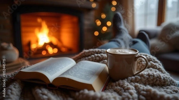 Obraz Winter Escape – Reading a Book by the Fireplace with a Warm Blanket and Hot Cocoa