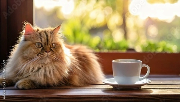 Fototapeta Cup Of Coffee With A Cat At Cozy Cafe - generative ai, üretken yapay zeka