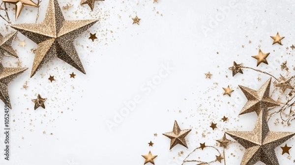 Fototapeta Champagne-colored photo frame with delicate sparkles on the edges and subtle glittering stars in each corner, center left blank.