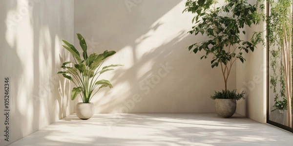 Fototapeta A serene studio space with soft ivory walls, muted green accents, and potted plants, creating a soothing environment for a modern, minimalist product showcase