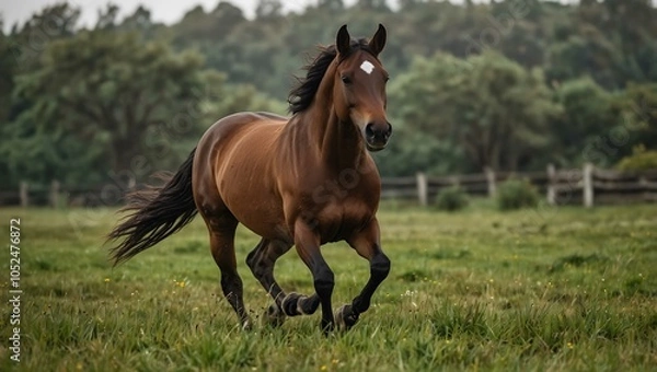 Fototapeta Brown horse running through a grassy field