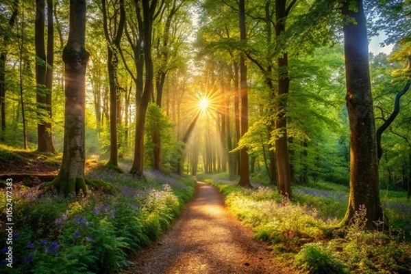 Obraz Serene Woodland Pathway with Sunlight Streaming Through Foliage for Tranquil Nature Video