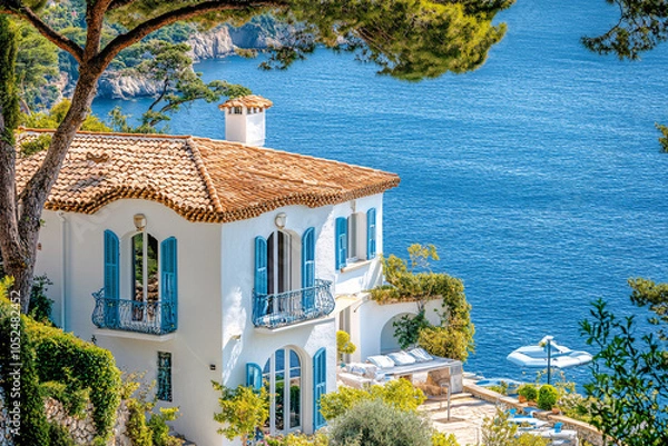 Fototapeta mediterranean villa with blue shutters and a view of the sea on a sunny day