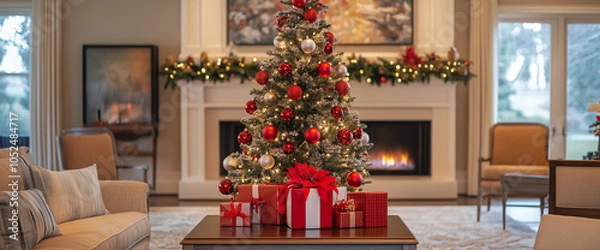 Fototapeta A living room with a Christmas tree and presents on a table. Scene is festive and cozy