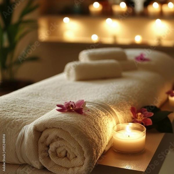 Fototapeta Relaxing spa setup with candles and towels arranged for a soothing massage experience