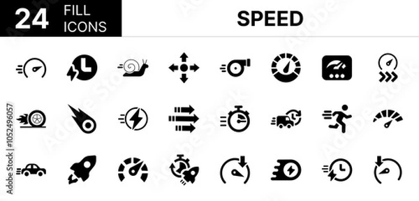 Fototapeta Collection of 24 Speed fill icons featuring editable strokes. These outline icons depict various modes of Speed, fast, accelerate, boost, rocket, speedometer, 