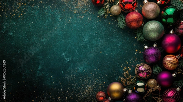 Fototapeta A cluster of red and gold Christmas baubles on a textured green backdrop, perfect for creating a luxurious holiday atmosphere.