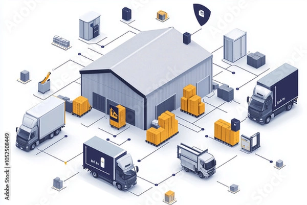 Obraz Complex infographic for B2B2C, with a company handing goods to a partner business that reaches consumers through a web of connections.