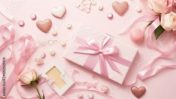 Fototapeta A charming pink flat lay featuring lollipops, roses, and heart-shaped trinkets, creating a romantic and delicate Valentine's Day theme.