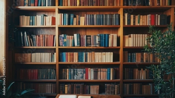 Fototapeta A wooden bookshelf filled with rows of books, with a small plant in the corner.