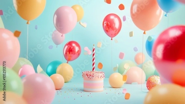 Fototapeta Celebrate joyfully a colorful birthday scene with cake and balloons for special moments