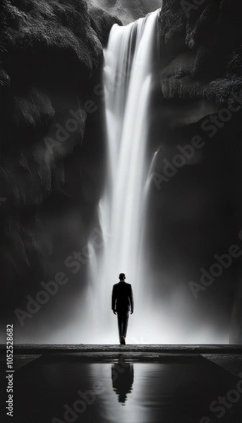 Obraz Silhouetted Man in Suit Standing Before Majestic Waterfall with Reflection in Tranquil Pool, Black and White Image