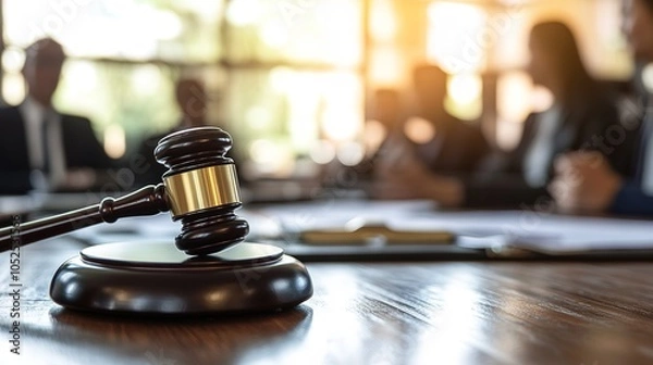 Fototapeta A gavel placed on a legal pad, with blurred images of a team of lawyers engaged in a productive meeting, showcasing the synergy of legal professionals working together