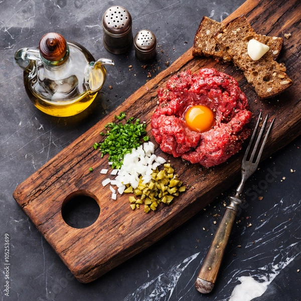 Fototapeta Beef tartare steak with pickled cucumber and onion on dark marbl
