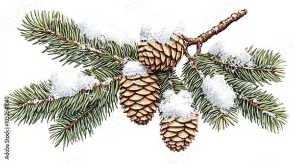 Fototapeta A delightful arrangement features lush green pine branches adorned with frosty snow-covered cones, evoking the magic of the winter season and holiday spirit. Perfect for festive inspiration