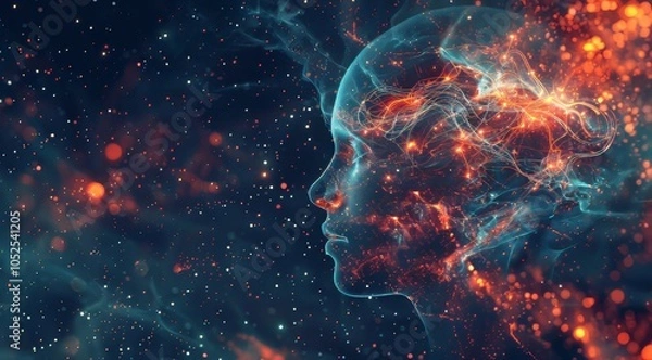 Obraz A digital art representation of an AI head with glowing neural connections, set against the backdrop of space and stars, symbolizing artificial intelligence's potential for exploring new galaxies in t