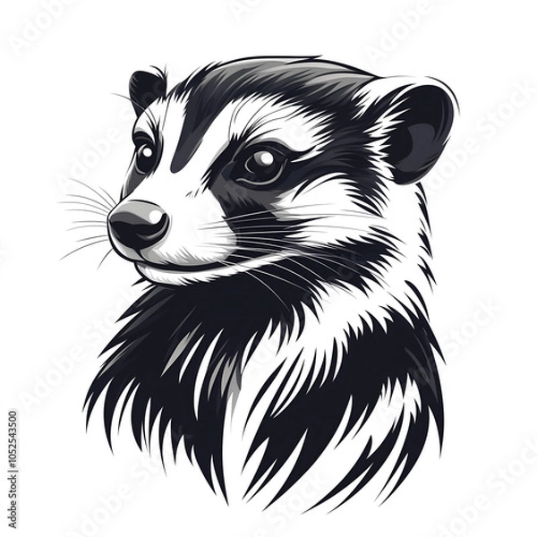 Fototapeta Isolated on white background, stylized black-and-white illustration of a mongoose, featuring sharp, clean lines and bold shading.