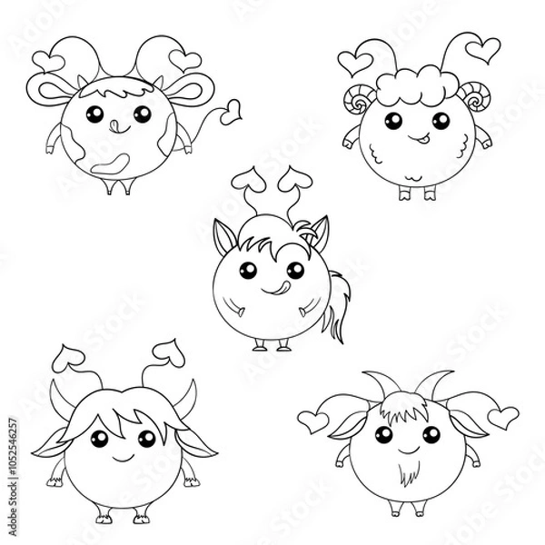 Obraz Five funny black and white round monsters in the shape of a cow, ram, horse, yak and goat. Kind monsters. Positive cartoon characters. Illustrator Artwork