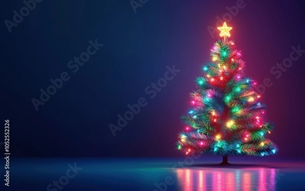 Fototapeta Christmas tree neon light and a bokeh effect on a blue background. Abstract illustration of a New Year's celebration, party, or holiday greeting card design. Merry Christmas