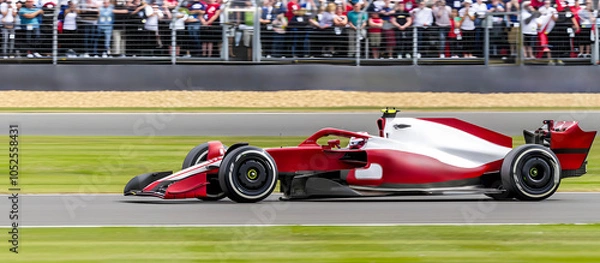 Fototapeta A red and white race car is speeding down a track. The car is surrounded by a crowd of people watching the race