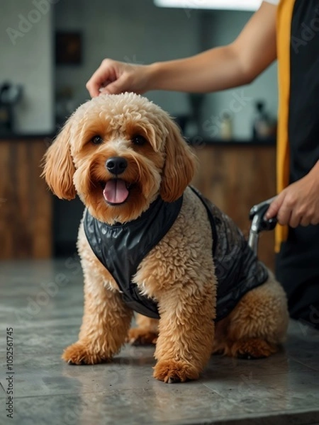 Fototapeta Dog being dried by a groomer in a salon.
