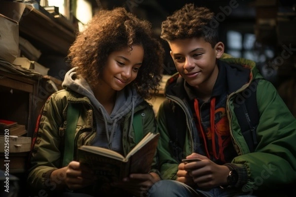 Fototapeta Two teenagers in a room with many books, reading a book. Book reading traditions.