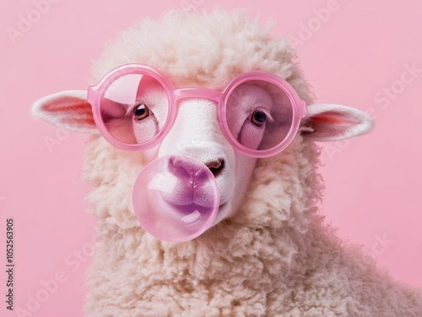 Fototapeta A fluffy sheep wearing oversized pink glasses and blowing a bubble gum bubble against a soft pink background