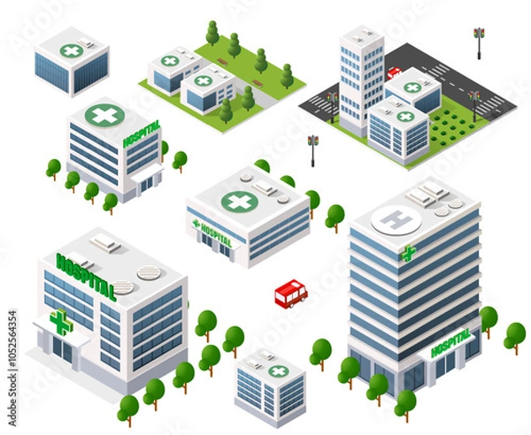 Fototapeta Set of isolated isometric hospital buildings of different sizes and shapes, with surrounding greenery, representing clinic architecture