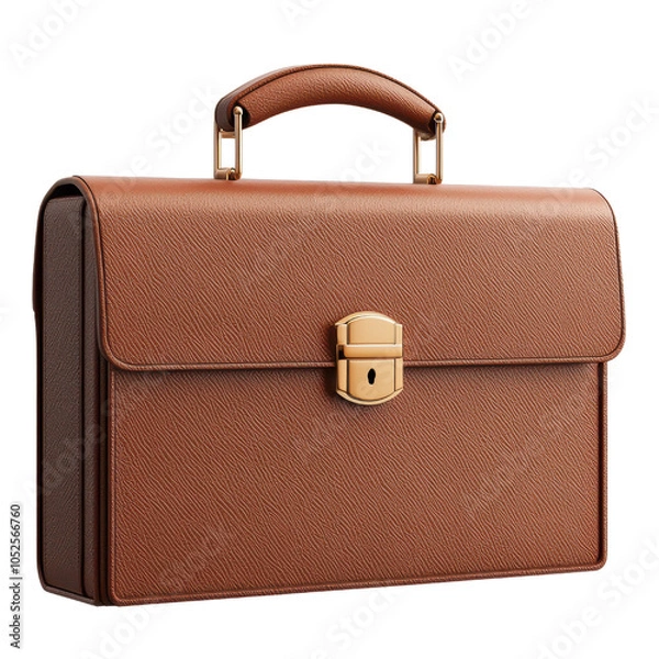Obraz Elegant brown leather briefcase with a golden clasp on a white isolated background transparent background.