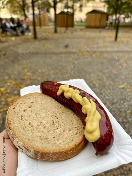 Obraz Octoberfest traditional hot dog topped with mustard and a slice of bread.  Taken outside 