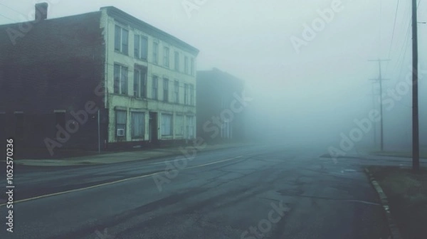 Fototapeta Foggy Street with Abandoned Building in Foreground