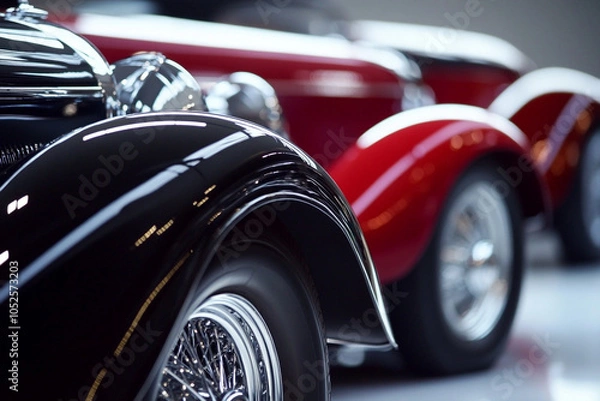 Fototapeta Vintage vehicles with polished exteriors and reflective chrome, displayed against a minimalist backdrop-2