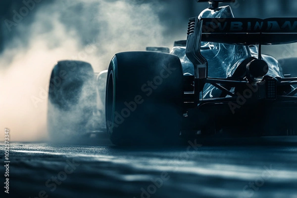 Obraz Close-up of a Formula 1 car's aerodynamic front wing, tire smoke billowing, emphasizing speed and precision-3