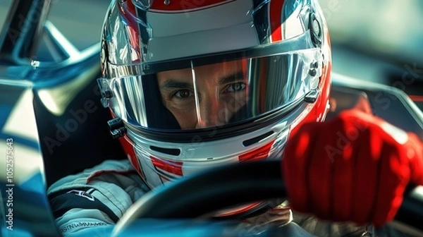 Fototapeta Portrait of a race car driver inside the car, gripping the steering wheel with eyes fixed forward, helmet reflecting the intensity of the motorsport environment