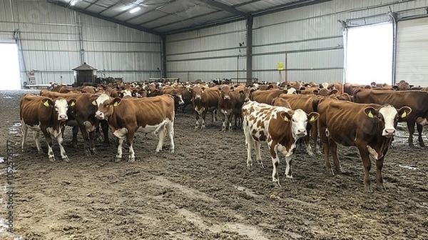 Obraz A herd of brown and white cows in a large indoor farm building, standing on a muddy floor, showcasing a typical agricultural environment.
