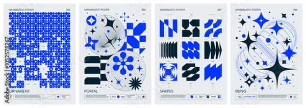 Fototapeta Brutalist style vector minimalistic Posters with silhouette basic figures, Retro futuristic graphic elements of geometrical shapes rave composition, Modern monochrome print artwork, set 72