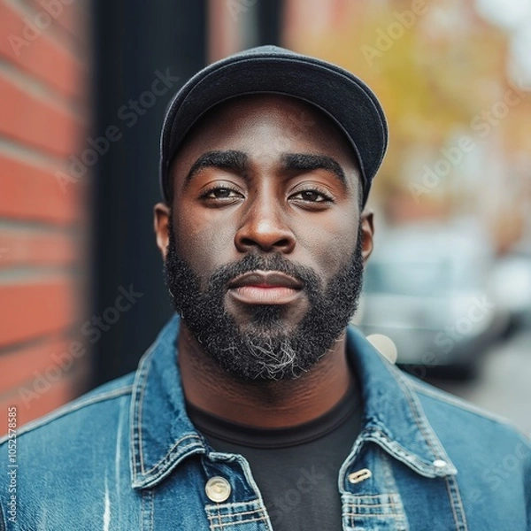 Fototapeta A confident man in a denim jacket and cap stands outdoors, displaying a calm and self-assured demeanor on a sunny day.