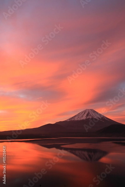 Obraz 朝焼けと富士山 / 本栖湖で、朝焼けと富士山を縦位置で撮影