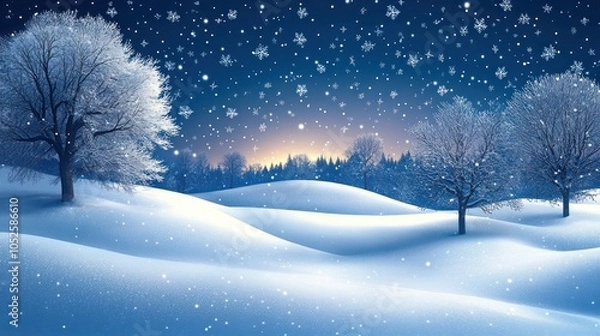 Fototapeta Snowy Landscape with Bare Trees and Falling Snowflakes