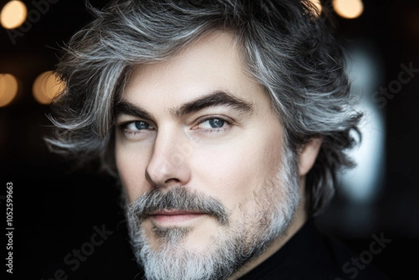 Fototapeta Mature man with gray hair and beard portrait in soft focus lighting
