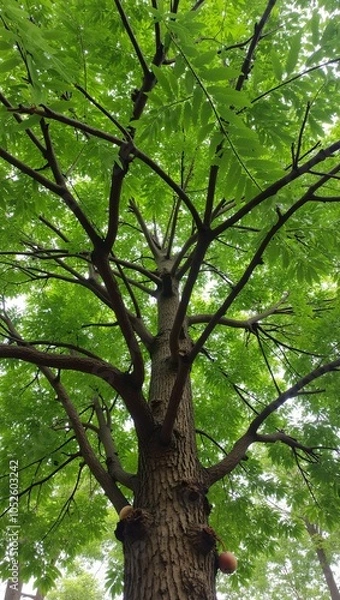 Fototapeta Neem tree with feathery leaves gnarled trunk and round fruits in a lush canopy